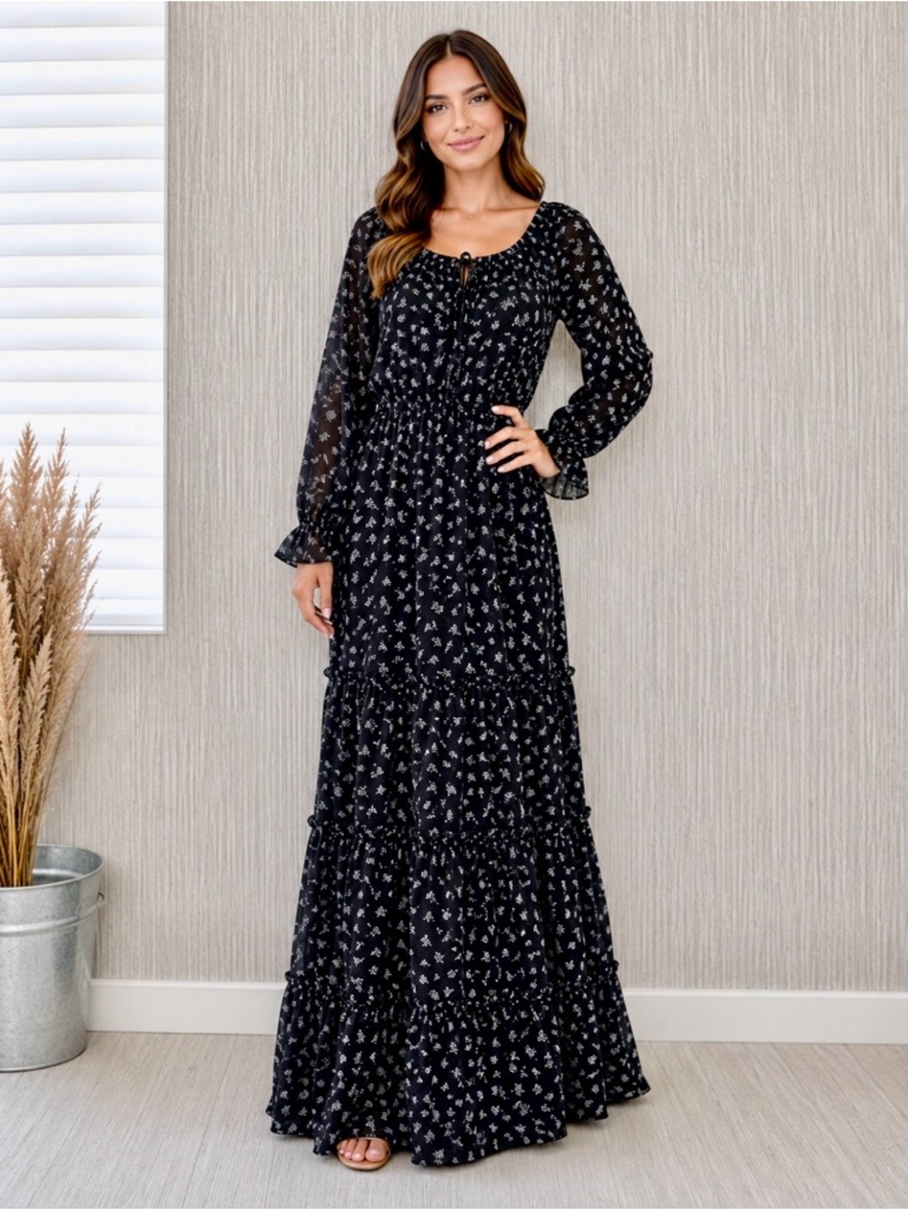 Max Studio Black Floral Long Sleeve Maxi Dress - Elegant Women's Dress.